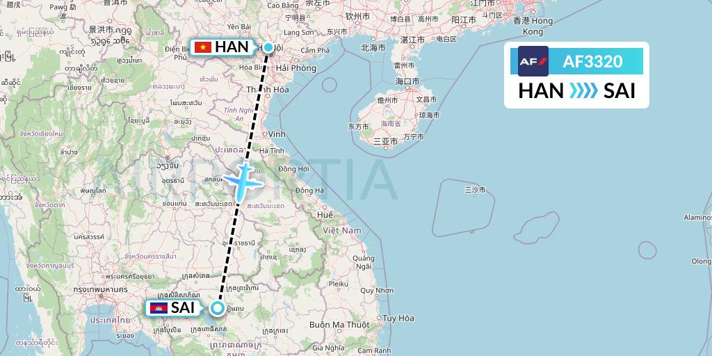 AF3320 Air France Flight Map: Hanoi to Siem Reap