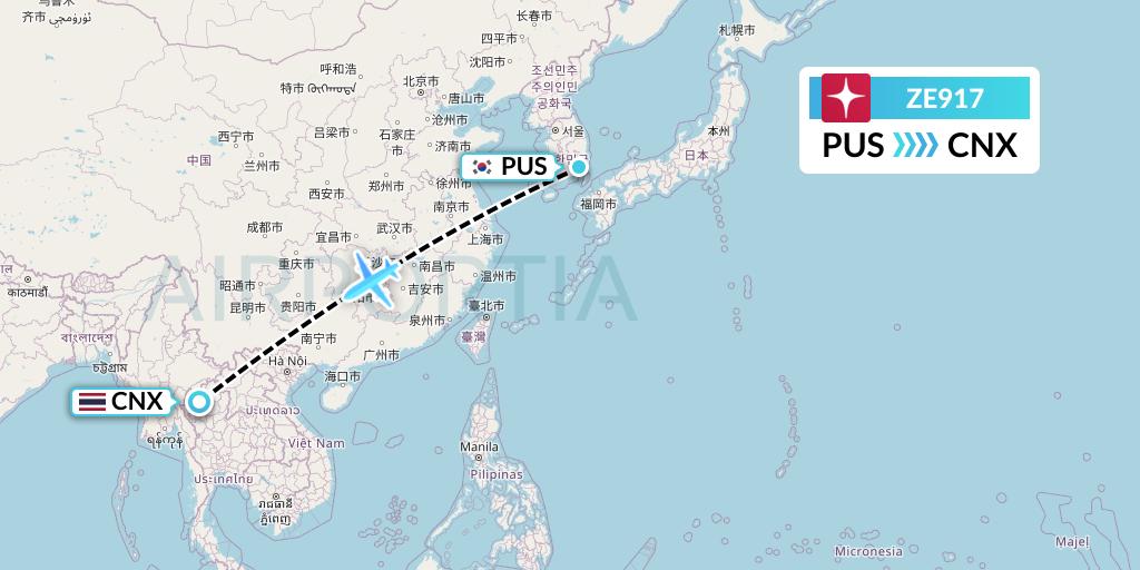 ZE917 Eastar Jet Flight Map: Busan to Chiang Mai