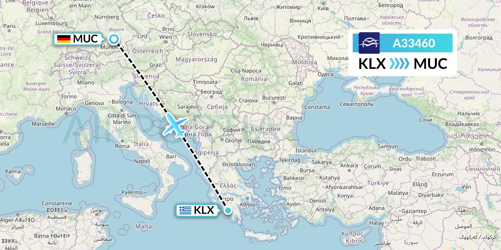A33460 Aegean Airlines Flight Map: Kalamata to Munich