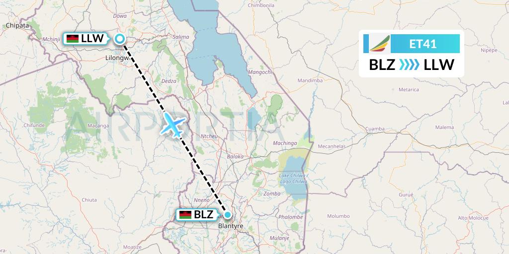 ET41 Ethiopian Airlines Flight Map: Blantyre to Lilongwe