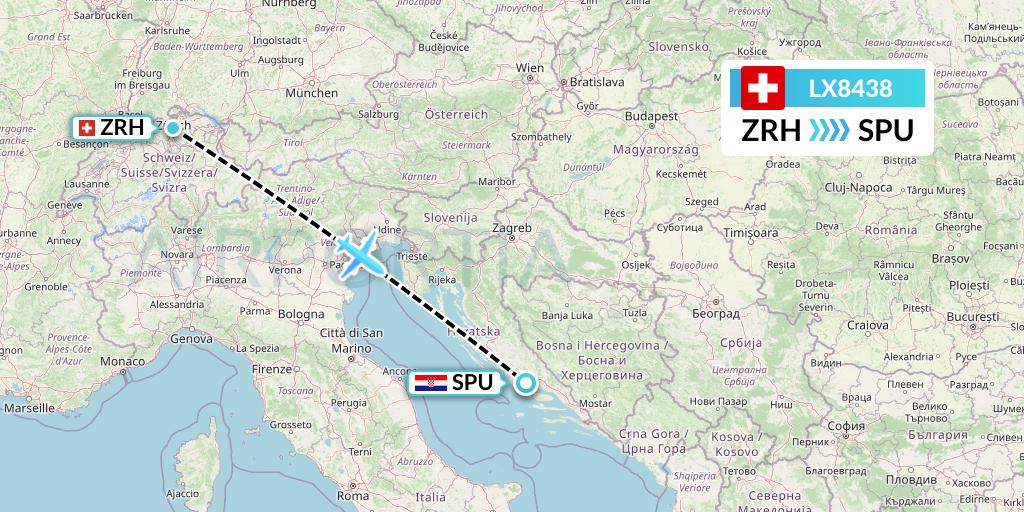 LX8438 Swiss Flight Map: Zurich to Split