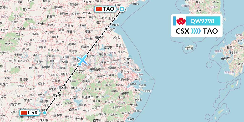 QW9798 Qingdao Airlines Flight Map: Changsha to Qingdao