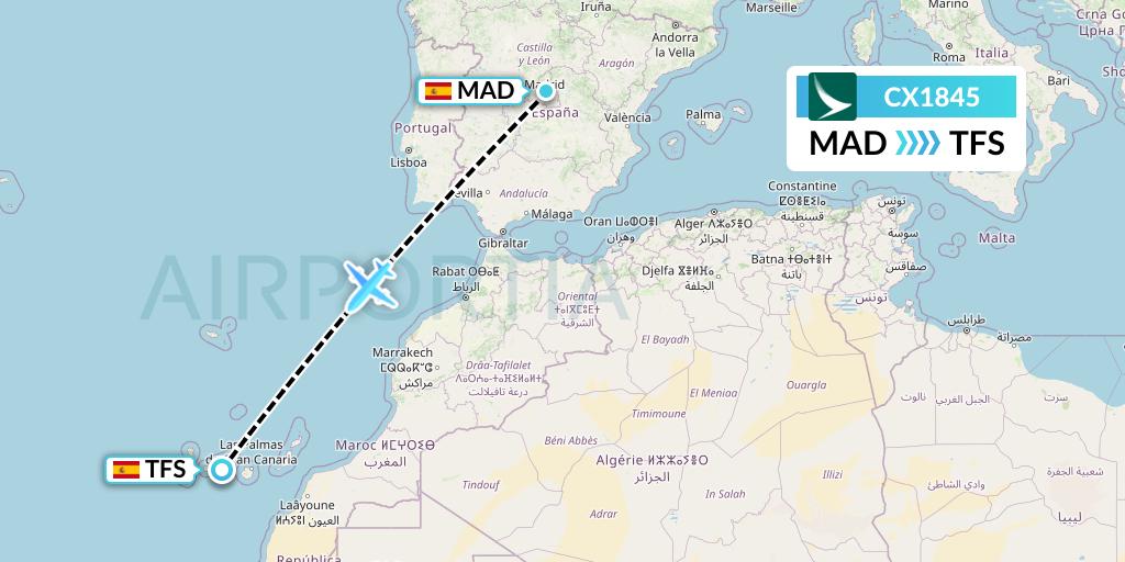 CX1845 Cathay Pacific Flight Map: Madrid to Tenerife