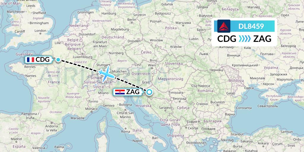 DL8459 Delta Air Lines Flight Map: Paris to Zagreb