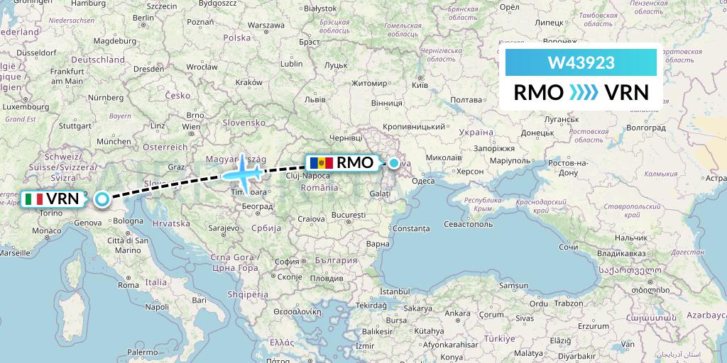 W43923 Wizz Air Malta Flight Map: Chisinau to Verona