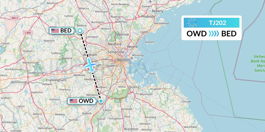 TJ202 Tradewind Aviation Flight Map: Norwood to Bedford