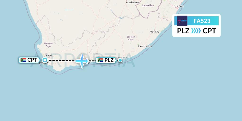 FA523 Safair Flight Map: Port Elizabeth to Cape Town