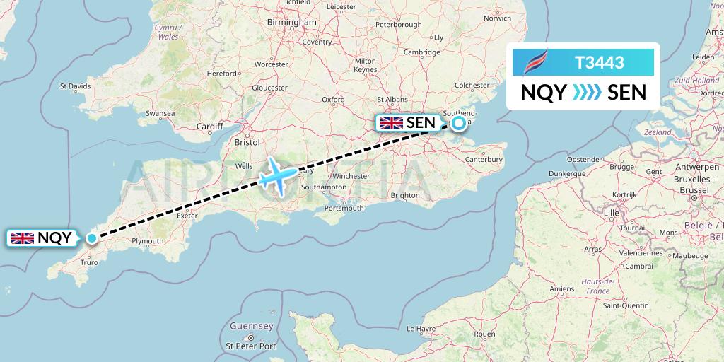 T3443 Eastern Airways Flight Map: Newquay to Southend