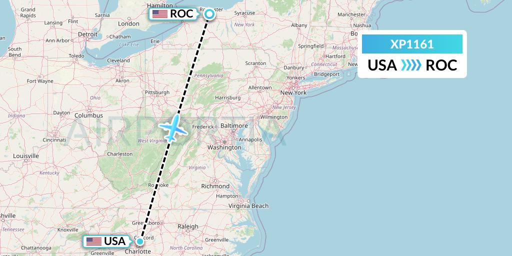 XP1161 Avelo Airlines Flight Map: Concord to Rochester