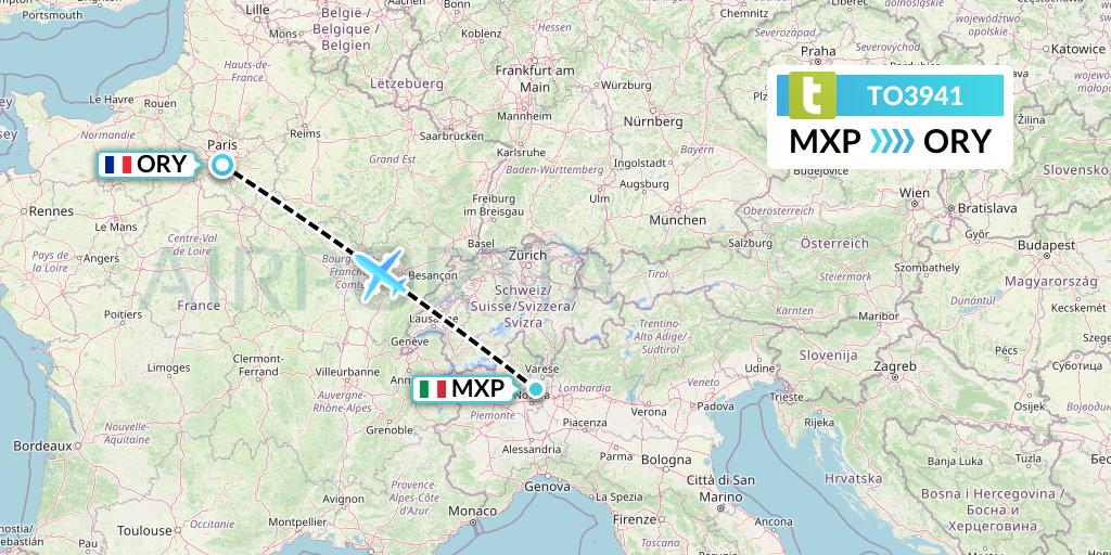 TO3941 Transavia France Flight Map: Milan to Paris