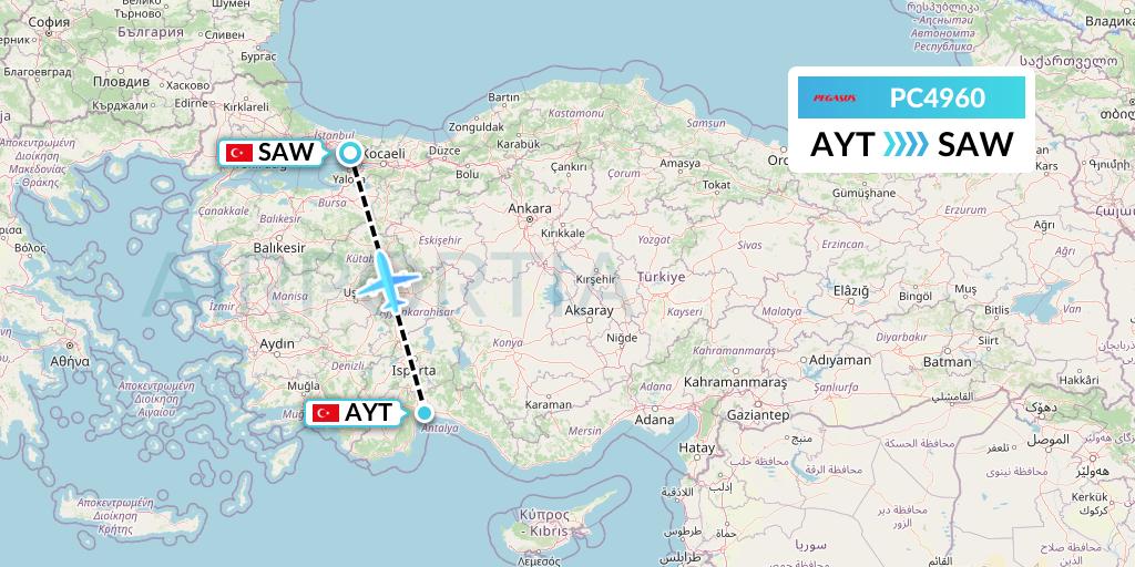 PC4960 Pegasus Airlines Flight Map: Antalya to Istanbul