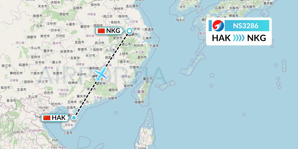 NS3286 Hebei Airlines Flight Map: Haikou to Nanjing