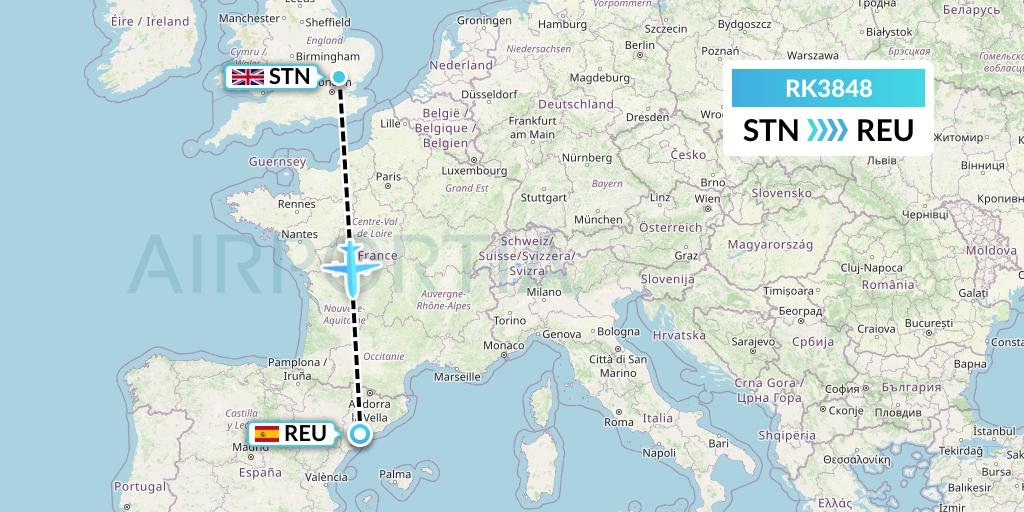 RK3848 Ryanair UK Flight Map: London to Reus