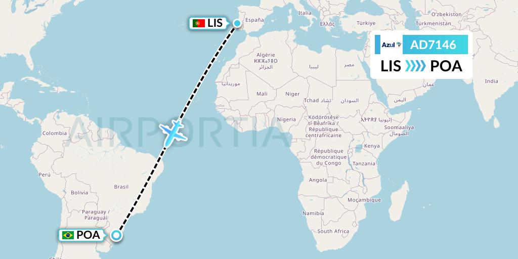 AD7146 Azul Brazilian Airlines Flight Map: Lisbon to Porto Alegre