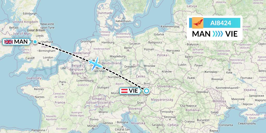 AI8424 Air India Flight Map: Manchester to Vienna