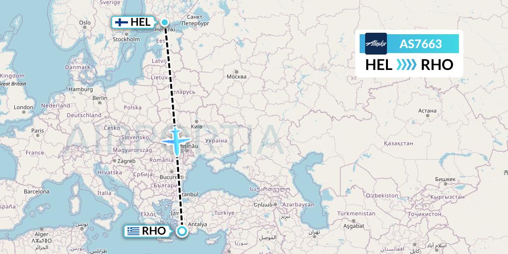 AS7663 Alaska Airlines Flight Map: Helsinki to Rhodes