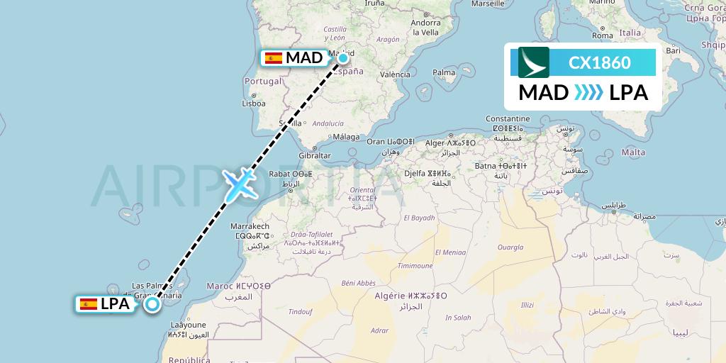 CX1860 Cathay Pacific Flight Map: Madrid to Las Palmas