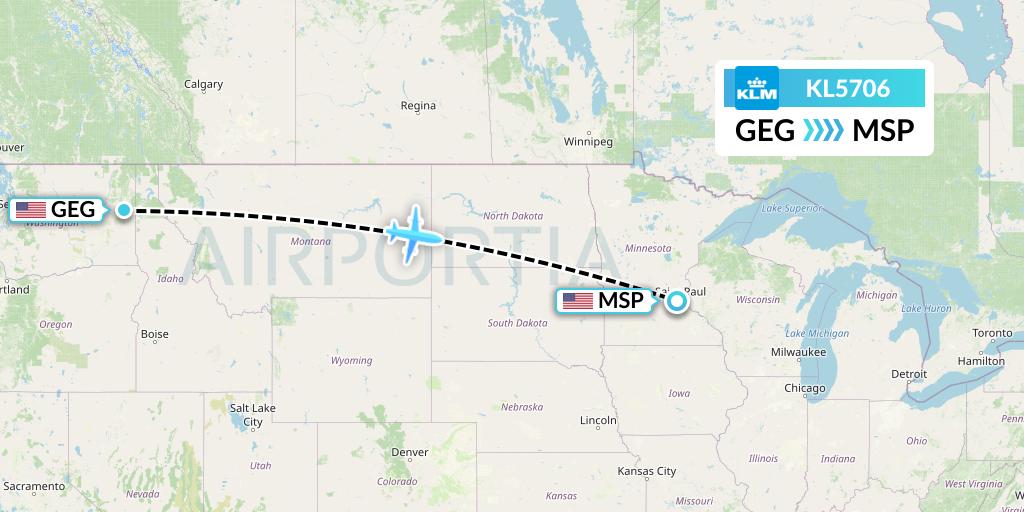 KL5706 KLM Flight Map: Spokane to Minneapolis