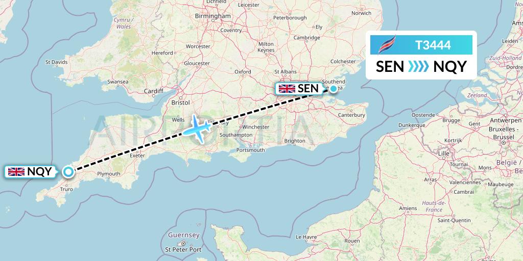 T3444 Eastern Airways Flight Map: Southend to Newquay