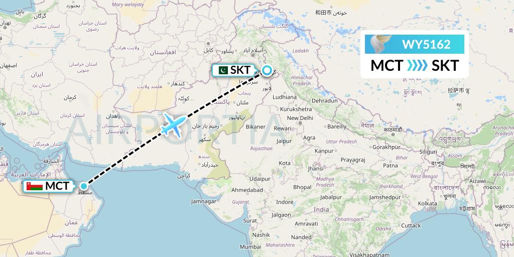 WY5162 Oman Air Flight Map: Muscat to Sialkot