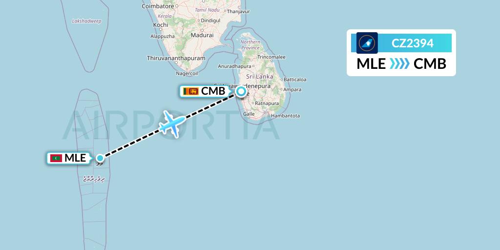 CZ2394 China Southern Airlines Flight Map: Male to Colombo