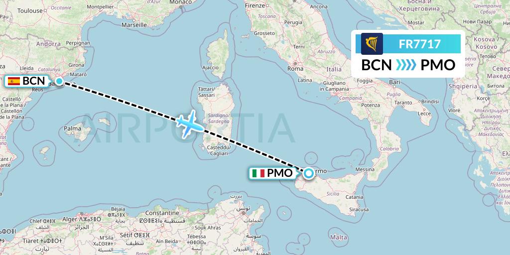 FR7717 Ryanair Flight Map: Barcelona to Palermo