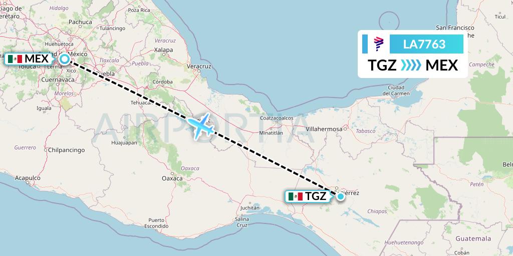LA7763 LAN Airlines Flight Map: Tuxtla Gutierrez to Mexico City