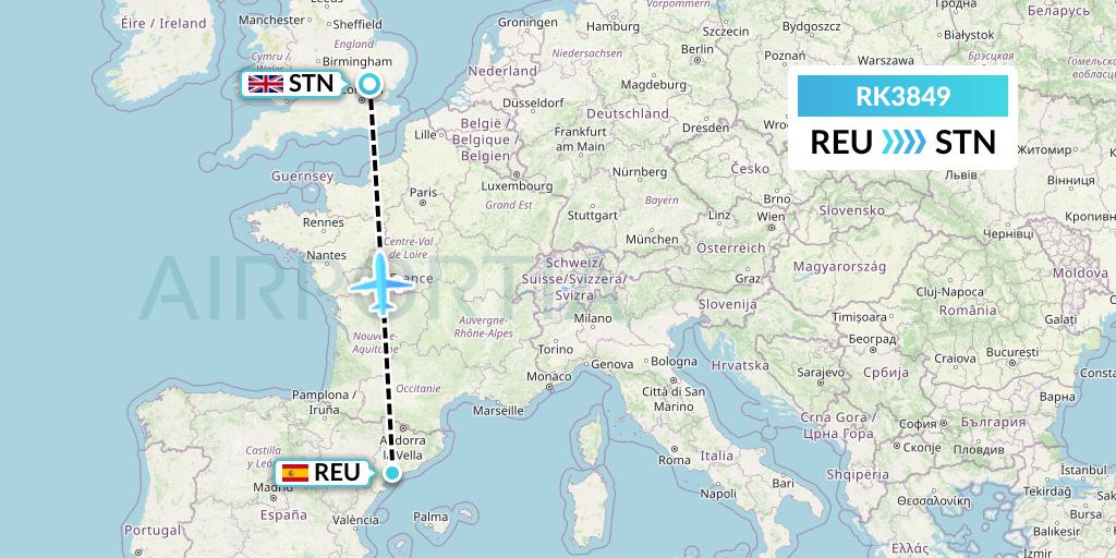 RK3849 Ryanair UK Flight Map: Reus to London