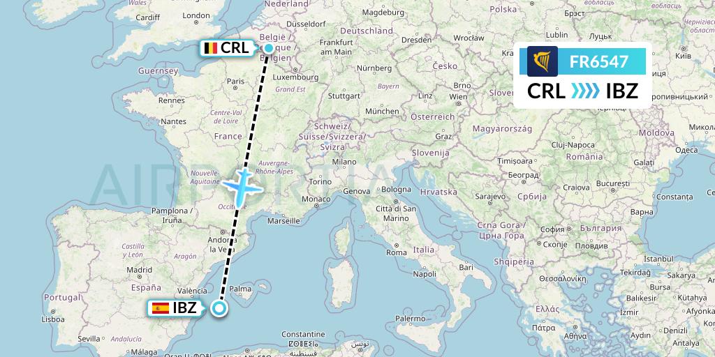 FR6547 Ryanair Flight Map: Brussels to Ibiza