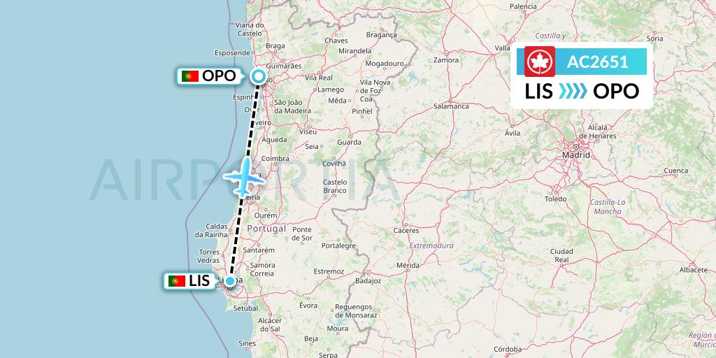 AC2651 Air Canada Flight Map: Lisbon to Porto