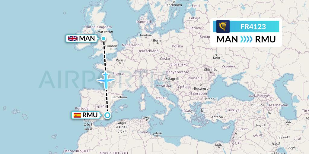 FR4123 Ryanair Flight Map: Manchester to Murcia