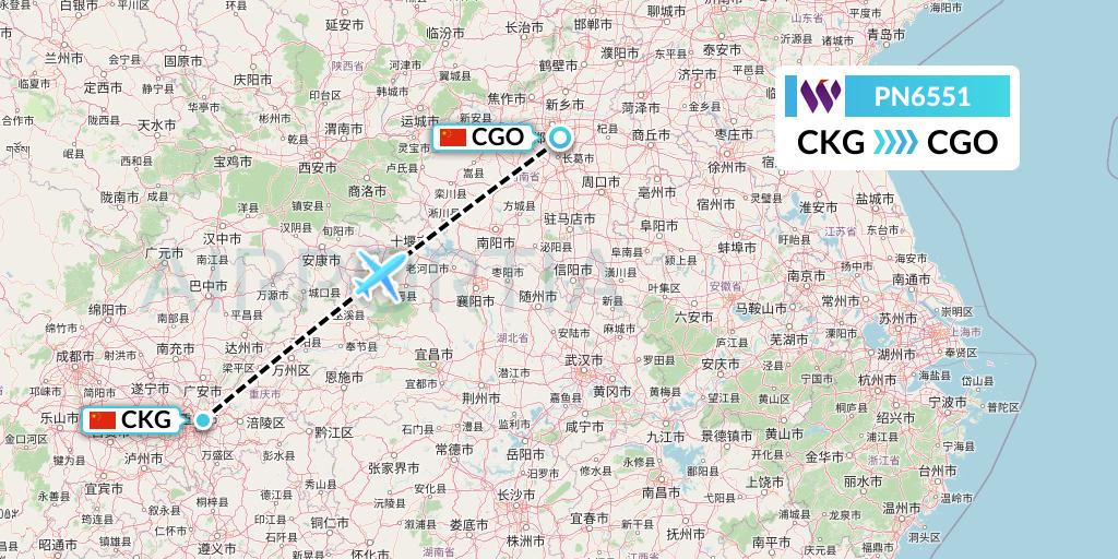 PN6551 China West Air Flight Map: Chongqing to Zhengzhou