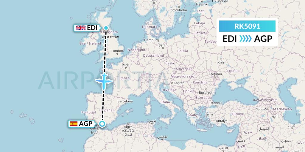 RK5091 Ryanair UK Flight Map: Edinburgh to Malaga