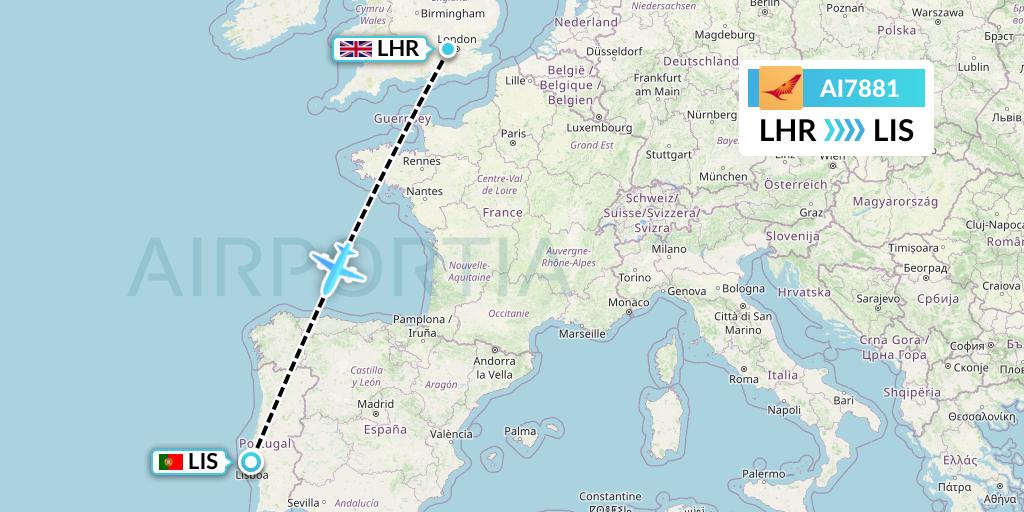 AI7881 Air India Flight Map: London to Lisbon