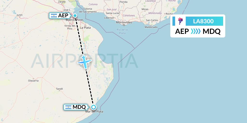 LA8300 LAN Airlines Flight Map: Buenos Aires to Mar del Plata