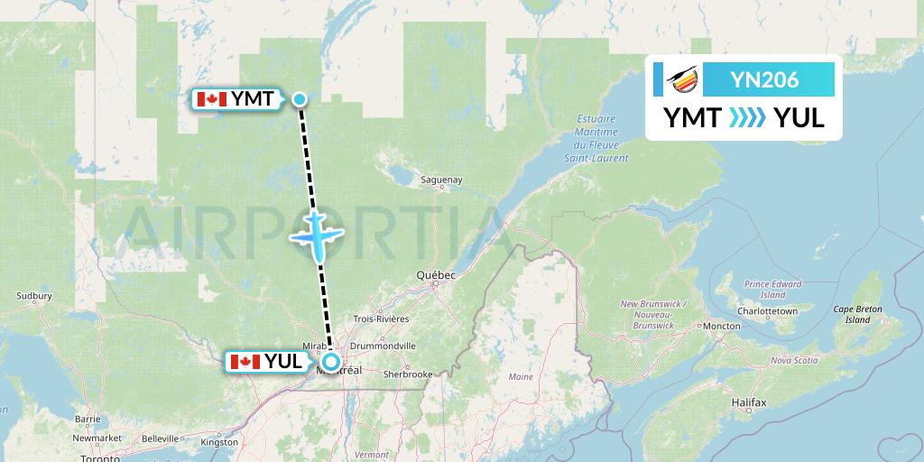 YN206 Air Creebec Flight Map: Chibougamau to Montreal