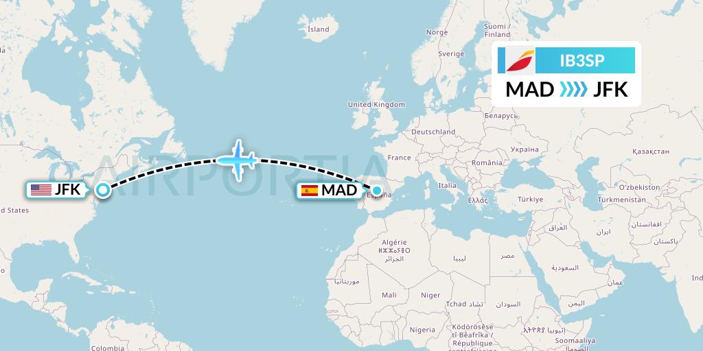 IB3SP Iberia Flight Map: Madrid to New York