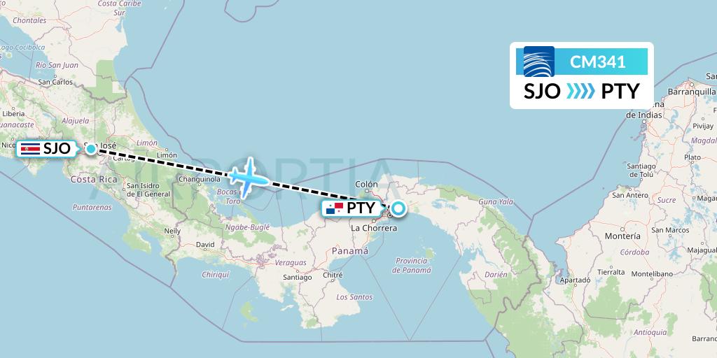 CM341 Copa Airlines Flight Map: San Jose to Panama City