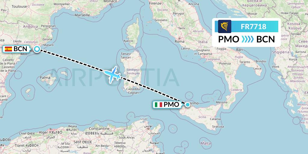 FR7718 Ryanair Flight Map: Palermo to Barcelona