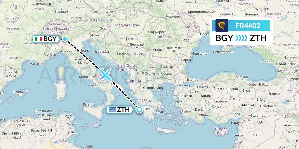 FR4402 Ryanair Flight Map: Milan to Zakynthos