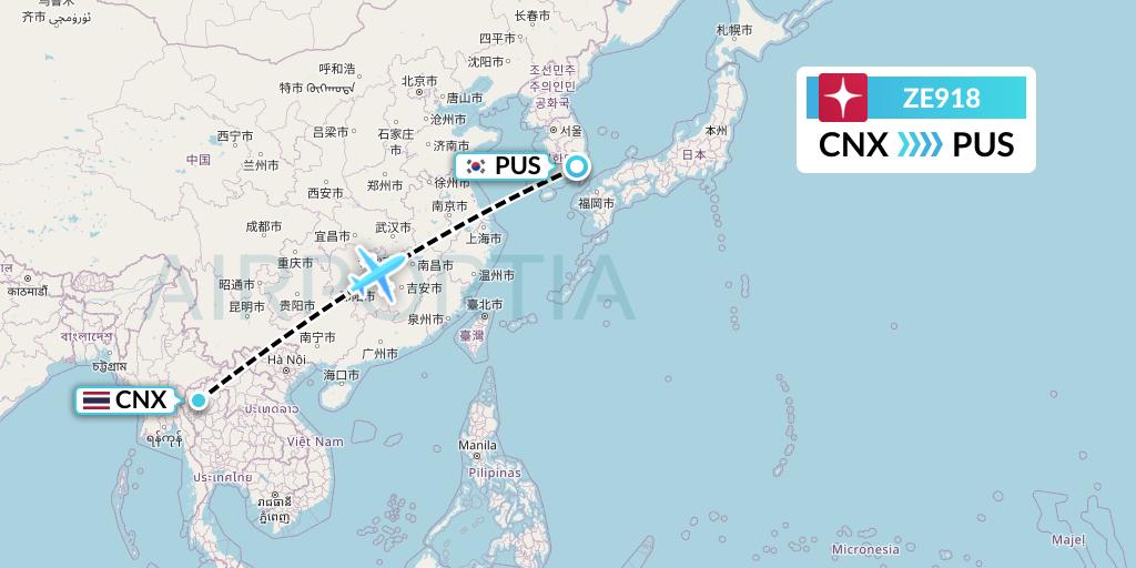 ZE918 Eastar Jet Flight Map: Chiang Mai to Busan