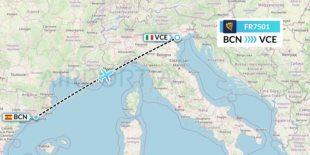 FR7501 Ryanair Flight Map: Barcelona to Venice