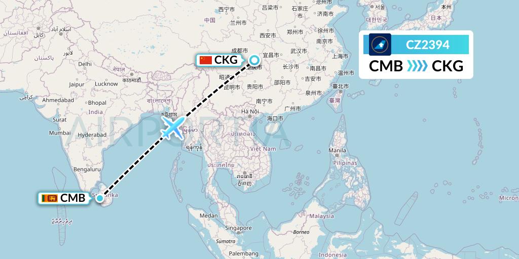 CZ2394 China Southern Airlines Flight Map: Colombo to Chongqing