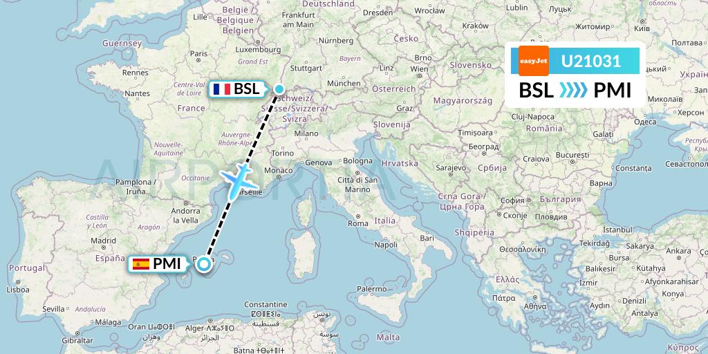 U21031 EasyJet Flight Map: Basel to Palma de Mallorca