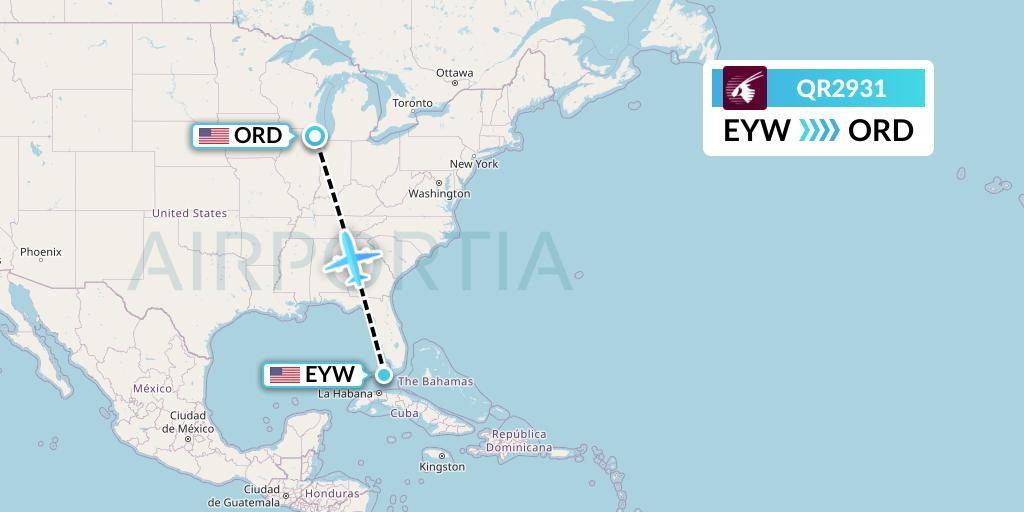 QR2931 Qatar Airways Flight Map: Key West to Chicago