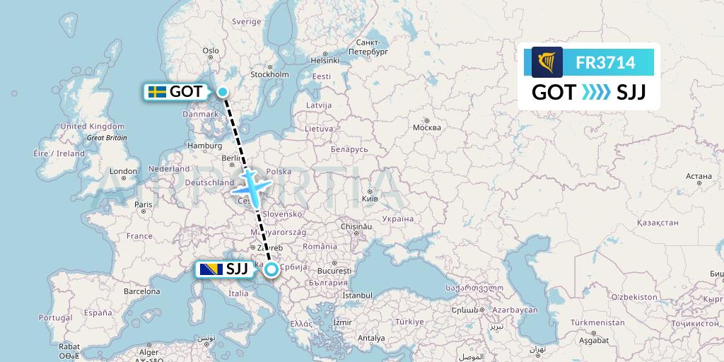 FR3714 Ryanair Flight Map: Gothenburg to Sarajevo