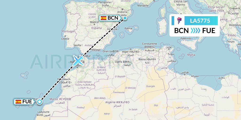 LA5775 LAN Airlines Flight Map: Barcelona to Fuerteventura