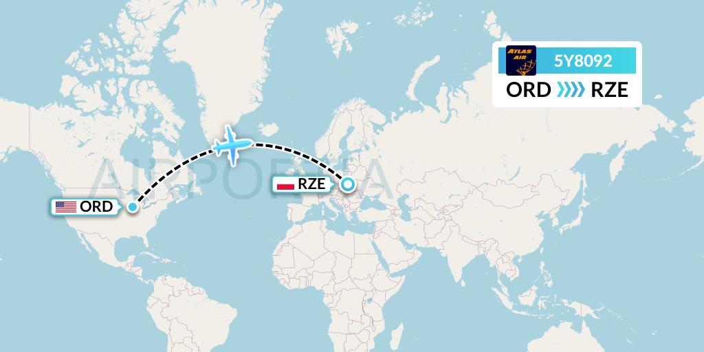5Y8092 Atlas Air Flight Map: Chicago to Rzeszow