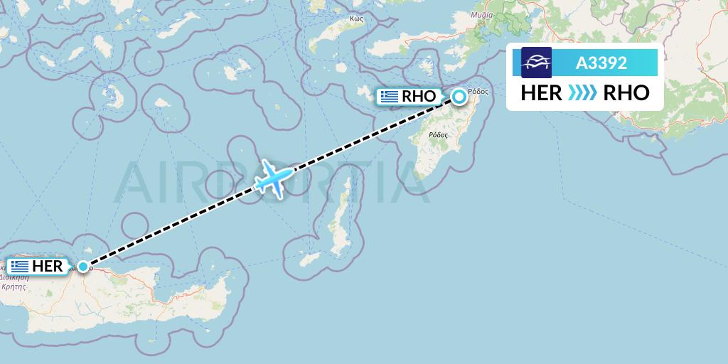 A3392 Aegean Airlines Flight Map: Heraklion to Rhodes