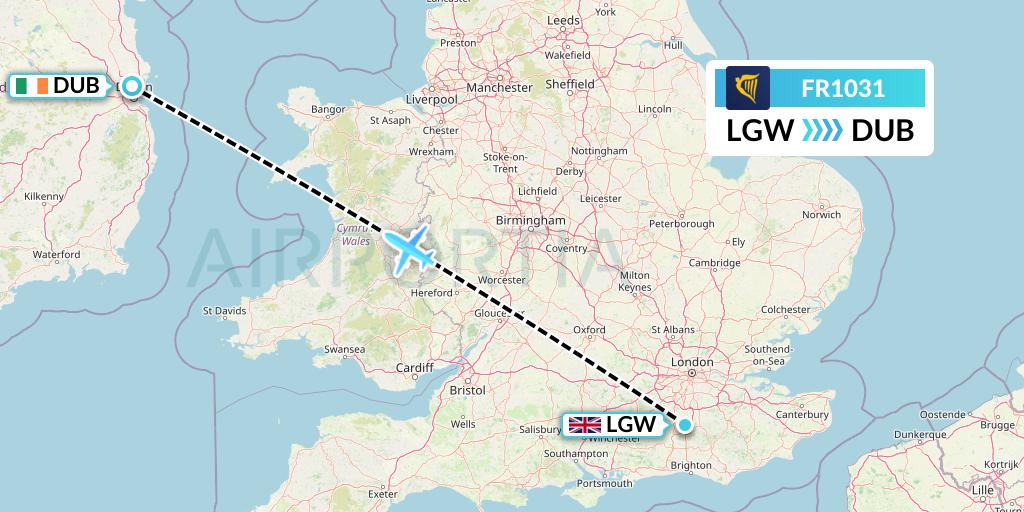 FR1031 Ryanair Flight Map: London to Dublin
